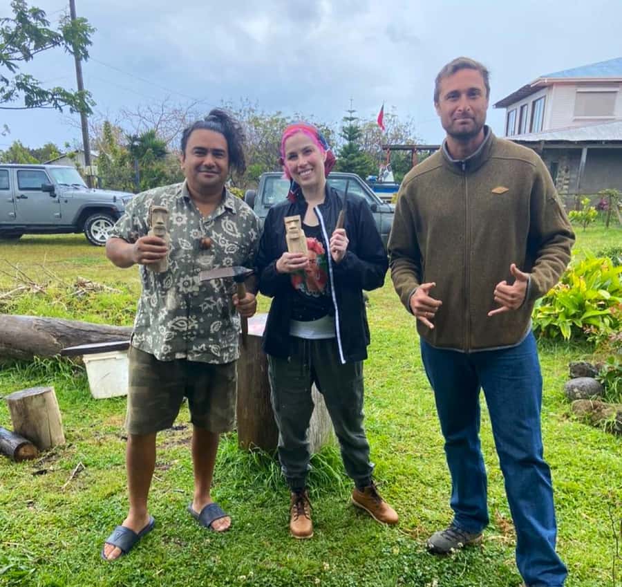 Easter Island: Demo of How to Carve a Moai statue - Meeting Joaquin Rapu at his house